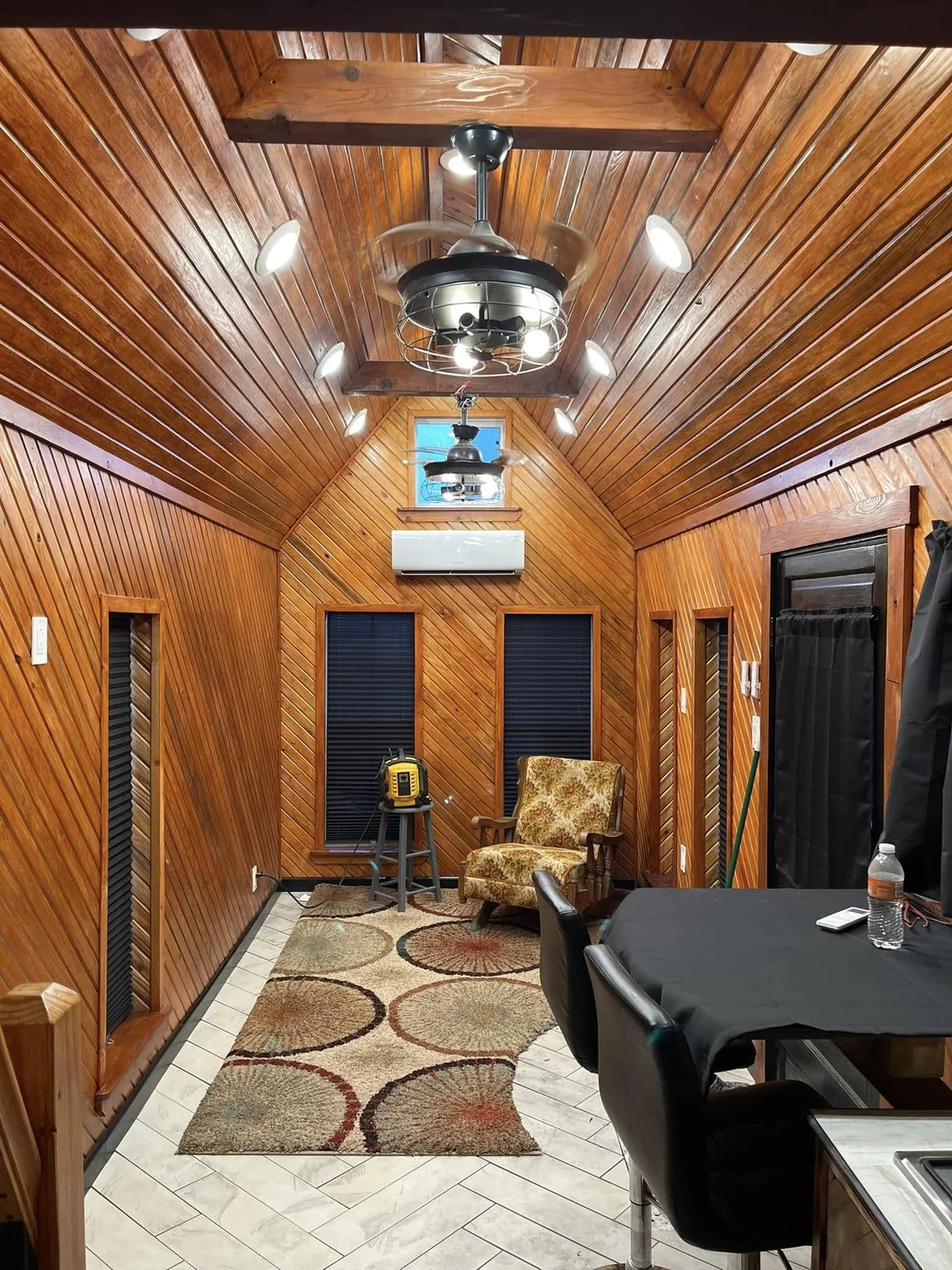 Cedar-lined tiny home interior, finished